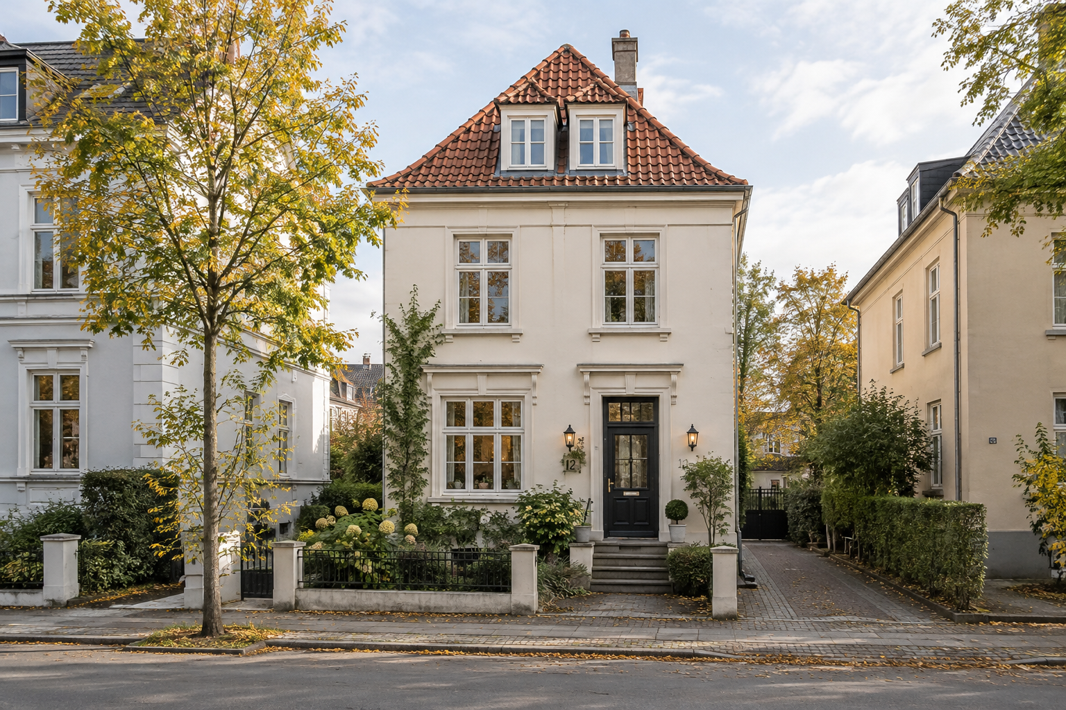 Vollständig sichtbares helles Stadthaus mit Bäumen und Eingang in einer Wohnstraße